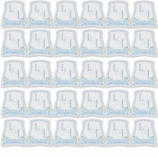 Sticker Aquarelle bleu Hydrangea Mariage Monogramme (Devant)