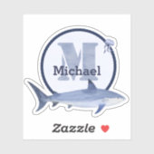 Sticker Aquarelle bleue Monogramme, nom, requin et méduse (Feuille)
