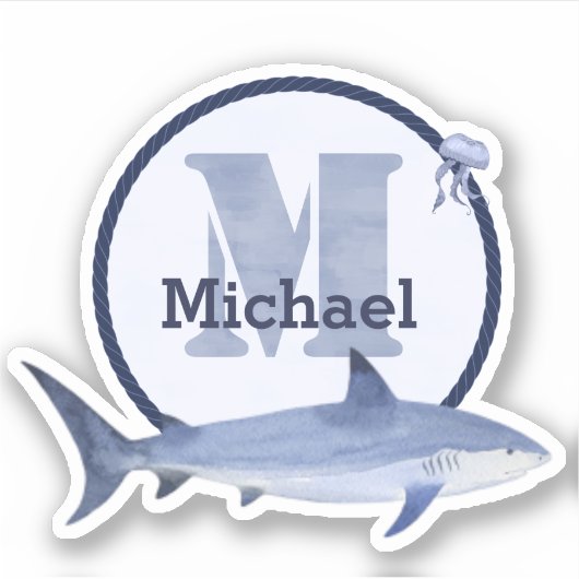 Sticker Aquarelle bleue Monogramme, nom, requin et méduse (Devant)