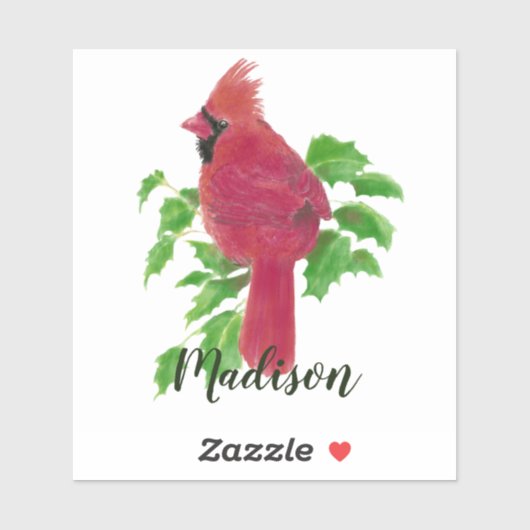 Sticker Aquarelle Cardinal Oiseau rouge Nature Nom personn (Feuille)