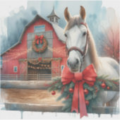 Sticker Aquarelle Cheval blanc et ferme festive Noël (Devant)