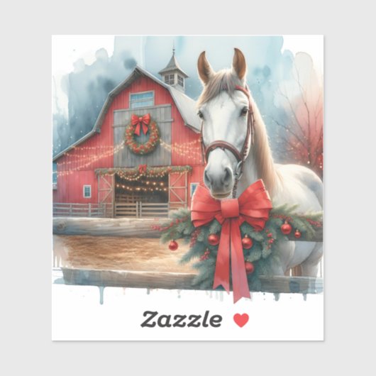 Sticker Aquarelle Cheval blanc et ferme festive Noël (Feuille)