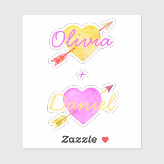 Sticker Aquarelle Coeurs Flèches Bright Valentine Love (Feuille)