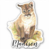 Sticker Aquarelle Cougar, Puma Cub Animal Nom Personnalisé (Devant)
