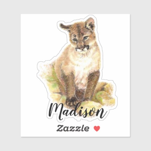 Sticker Aquarelle Cougar, Puma Cub Animal Nom Personnalisé (Feuille)