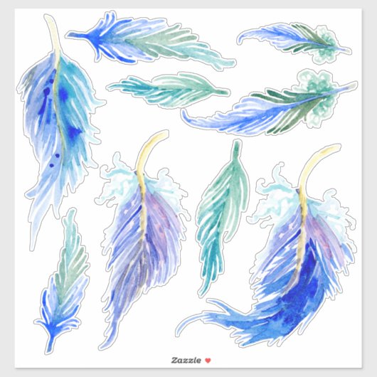 Sticker Aquarelle couleur plumes Aqua bleu violet vert (Feuille)