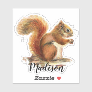 Sticker Aquarelle Cute Écureuil rouge Nom personnalisé de