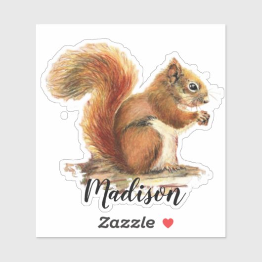 Sticker Aquarelle Cute Écureuil rouge Nom personnalisé de (Feuille)