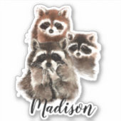 Sticker Aquarelle Cute Raccoon Nom personnalisé de l'anima (Devant)