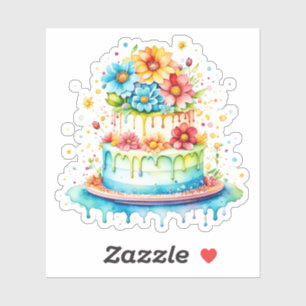 Sticker Aquarelle de gâteau d'anniversaire rouge et bleu