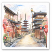 Sticker Aquarelle de printemps cosy de la rue du Japon (Devant)