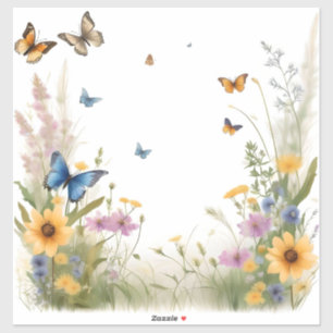 Sticker Aquarelle Fleur sauvage Gris Et Papillons,