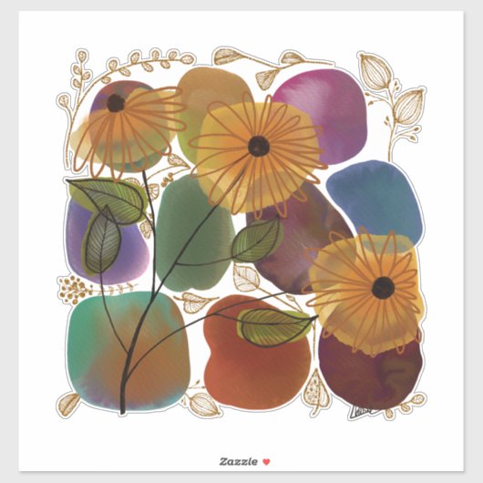 Sticker Aquarelle Fleurs et rochers Joli (Feuille)