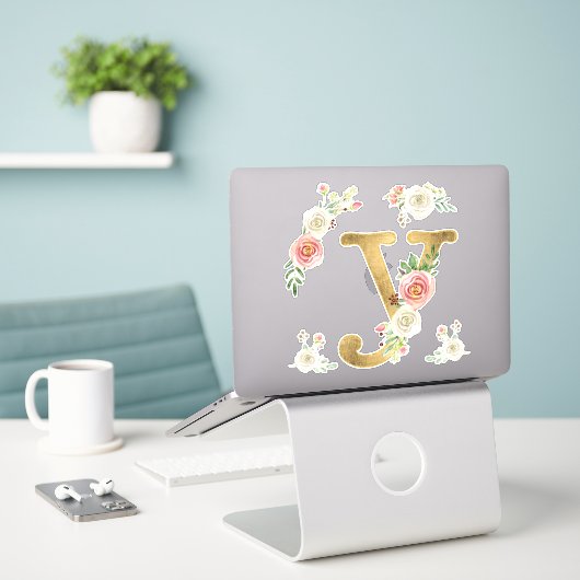 Sticker Aquarelle florale initiale Y Gold Blush Peony Rose (Ordinateur portable sur le bureau)