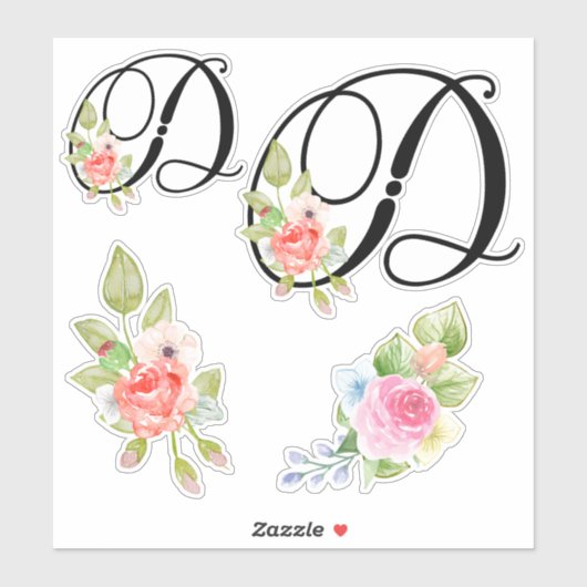 Sticker Aquarelle Florale Script Monogramme Lettre D (Feuille)