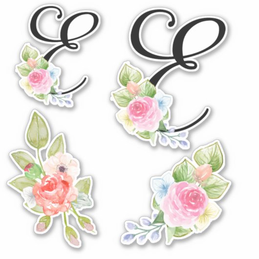 Sticker Aquarelle Florale Script Monogramme lettre E (Devant)