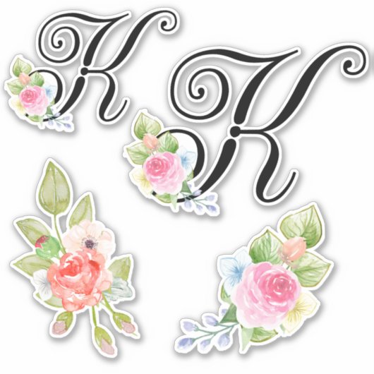 Sticker Aquarelle Florale Script Monogramme Lettre K (Devant)