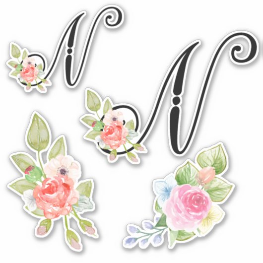 Sticker Aquarelle Florale Script Monogramme Lettre N (Devant)
