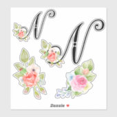 Sticker Aquarelle Florale Script Monogramme Lettre N (Feuille)