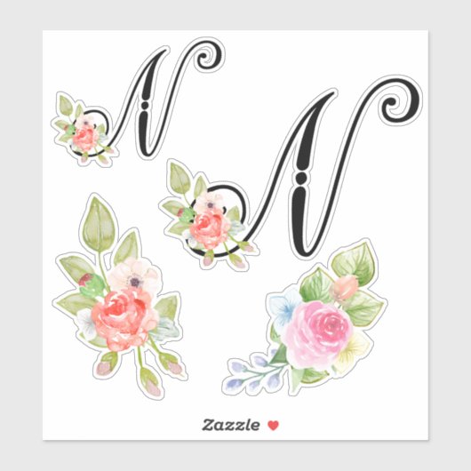 Sticker Aquarelle Florale Script Monogramme Lettre N (Feuille)