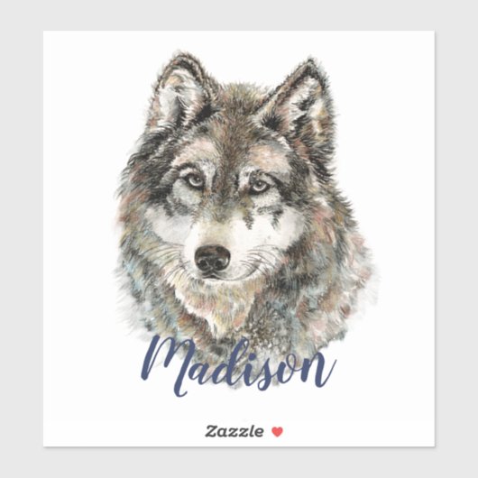Sticker Aquarelle Gris Loup Faune Animal Nature Art (Feuille)