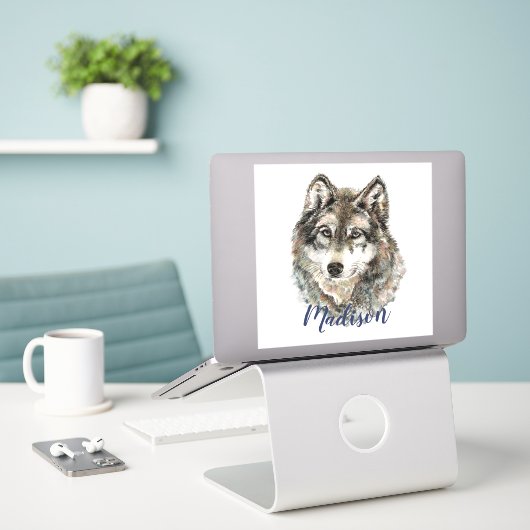 Sticker Aquarelle Gris Loup Faune Animal Nature Art (Ordinateur portable sur le bureau)
