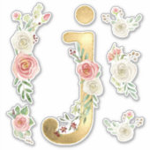 Sticker Aquarelle initiale J Gold Blush White Rose Florale (Devant)