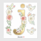 Sticker Aquarelle initiale J Gold Blush White Rose Florale (Feuille)