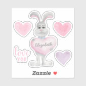 Sticker Aquarelle lapin et coeurs. Saint Valentin Amour (Feuille)