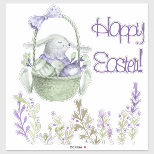 Sticker Aquarelle Lavender Lapin de Pâques Blanc ou clair (Feuille)