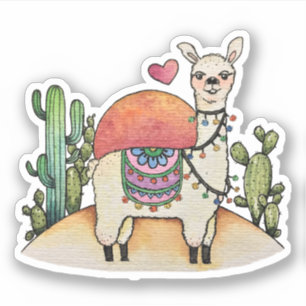 Sticker Aquarelle Llama Avec Cactus