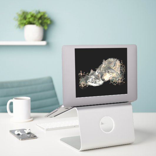 Sticker Aquarelle Loup maman ou papa avec petits (Ordinateur portable sur le bureau)