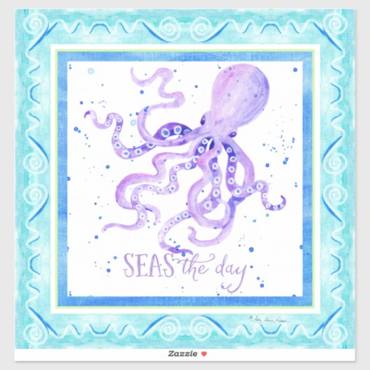 Sticker Aquarelle Mer Jour Plage Bleu pourpre Octopus (Feuille)