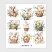 Sticker Aquarelle mignonne Animaux de Pâques Printemps Vin (Feuille)