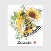 Sticker Aquarelle mignonne Bee Yellow Sunflowers Nom perso (Feuille)