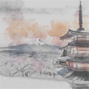 Sticker Aquarelle Pagode japonaise & Mont Fuji