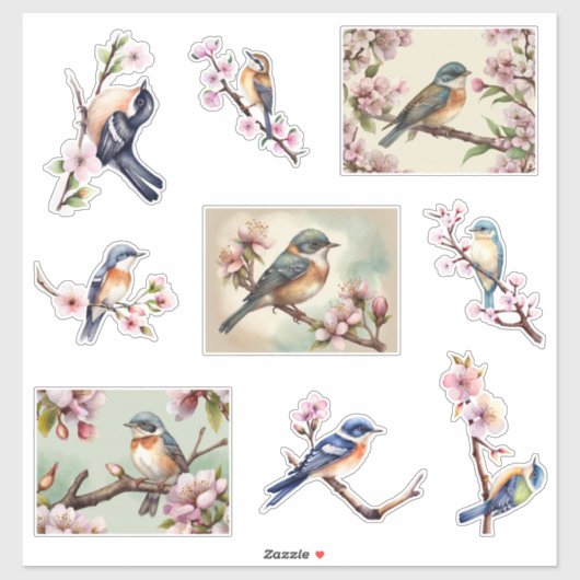 Sticker Aquarelle petits oiseaux sur la branche fleurie (Feuille)