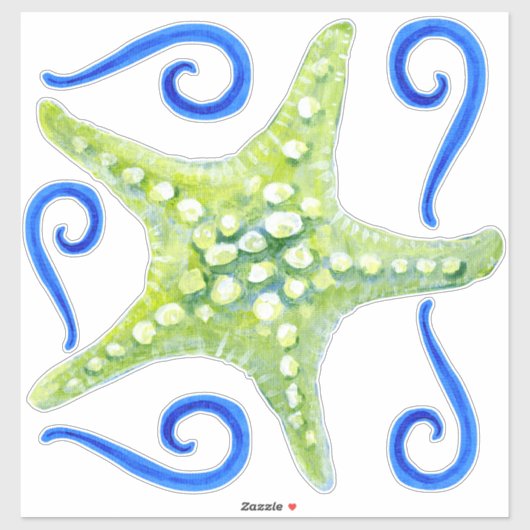 Sticker Aquarelle Plage Vague Flèches Green Starfish Art (Feuille)