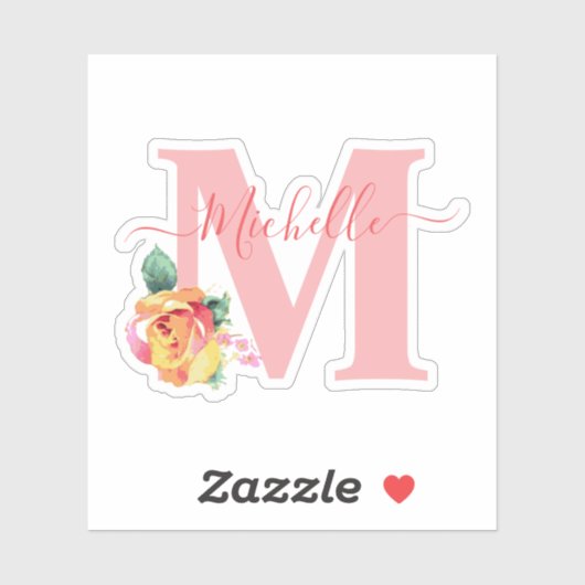 Sticker Aquarelle Rose Florale Lettre initiale Monogramme (Feuille)