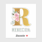 Sticker Aquarelle rose monogramme Floral personnalisé (Feuille)
