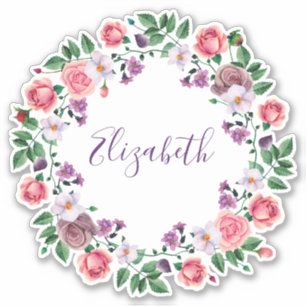 Sticker Aquarelle rose roses couronne. Nom floral pourpre