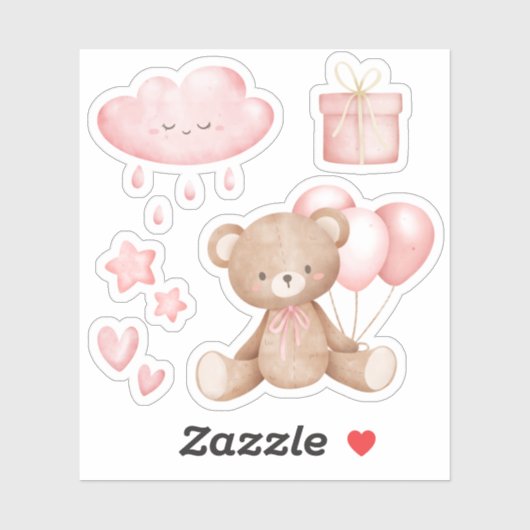 Sticker Aquarelle rose Teddy Ours moderne Whimssique mou (Feuille)