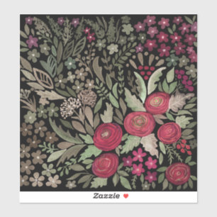 Sticker Aquarelle rouge roses fleurs petit floral vert le