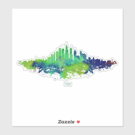 Sticker Aquarelle Skyline de Chicago en bleu et citron ver (Feuille)