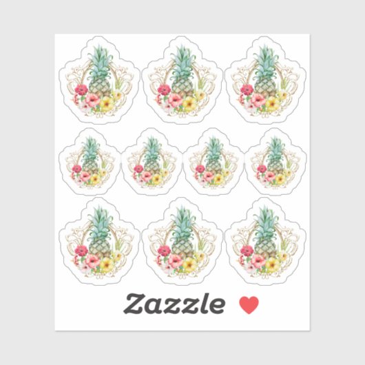 Sticker Aquarelle Tropicale Ananas & Hibiscus Fleurs (Feuille)