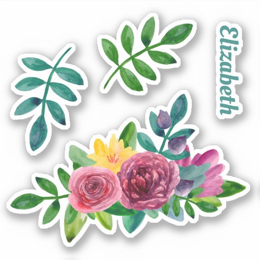 Sticker Aquarelle verte fleurie. Fleurs et feuillage (Devant)