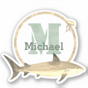 Sticker Aquarelle verte Monogramme, nom et Sepia Shark