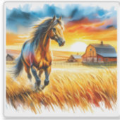 Sticker Aquarelle vive d'un cheval courant au coucher du s (Devant)