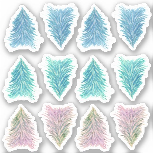 Sticker Arbre de Noël à l'aquarelle Bleu Vert Rose (Devant)