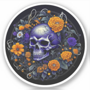 Sticker Art AI de crâne et de fleurs orange